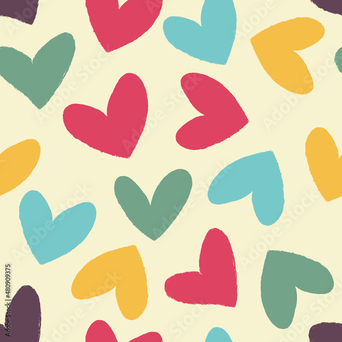 Retro style. Seamless pattern with hand drawn heart. Hearts painted dry brush. Ink illustration. 
