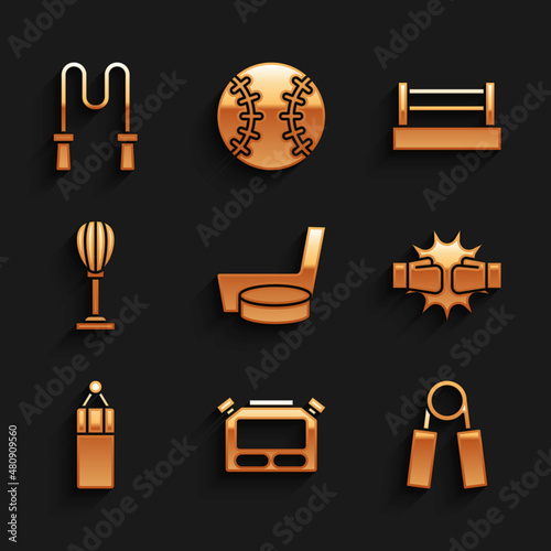 Set Ice hockey stick and puck, Stopwatch, Sport expander, Punch in boxing gloves, Punching bag, Boxing ring and Jump rope icon. Vector
