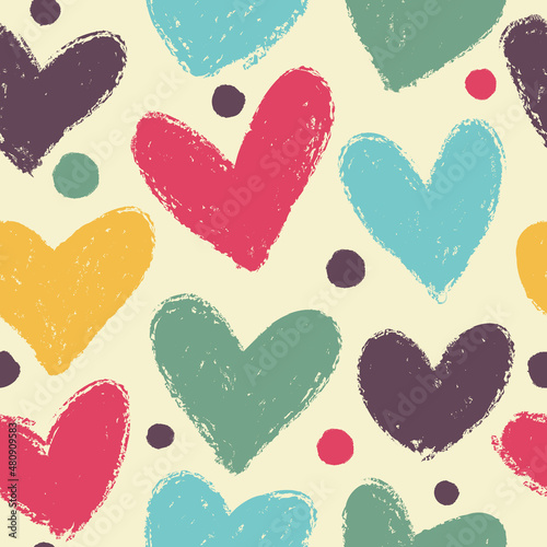 Retro style. Seamless pattern with hand drawn heart. Hearts painted dry brush. Ink illustration. 