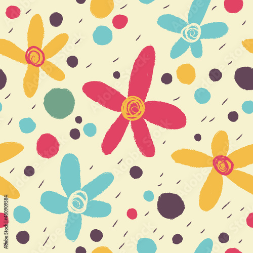 Seamless pattern with simple flowers. Painted with a dry brush.