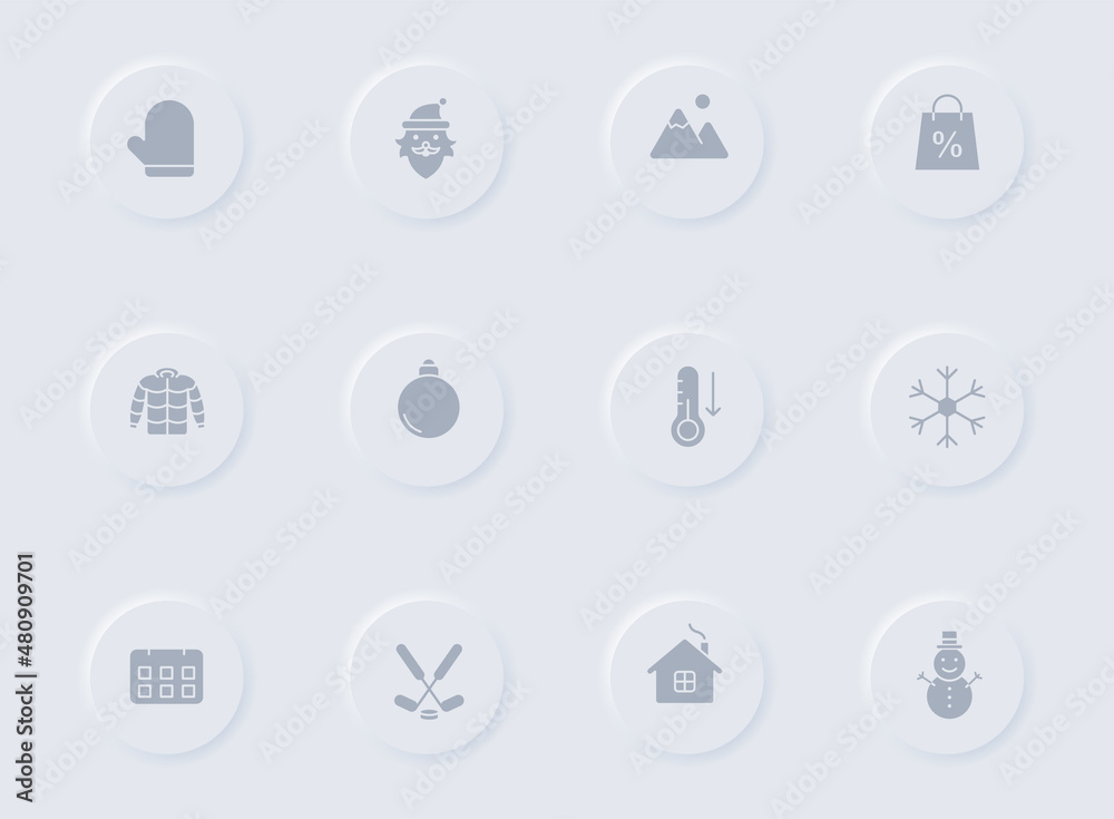 winter gray vector icons on round rubber buttons. winter icon set for web, mobile apps, ui design and promo business polygraphy