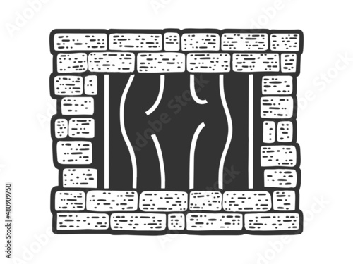 Prison window with bent bars sketch engraving vector illustration. T-shirt apparel print design. Scratch board imitation. Black and white hand drawn image.