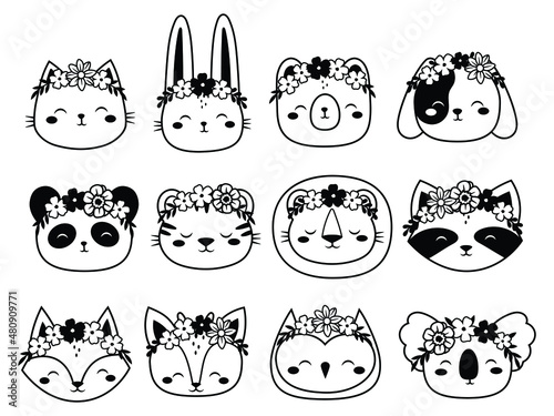 Set of animals in flower wreaths. Collection of cute animal portraits with natural accessories. Vector illustration of animals in hats. Tattoo.