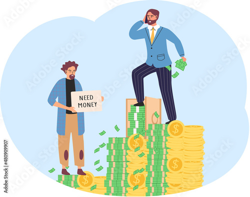 Rich and poor people. Guy that needs money and successful businessman standing on stack of dollar bills. Unemployed guy, begging tramp and millionaire. Richness and poverty concept. Social distance