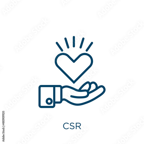 csr icon. Thin linear csr, responsibility, business outline icon isolated on white background. Line vector csr sign, symbol for web and mobile