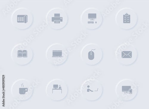 workspace gray vector icons on round rubber buttons. workspace icon set for web, mobile apps, ui design and promo business polygraphy