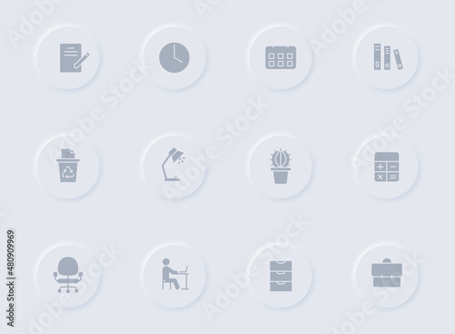 workspace gray vector icons on round rubber buttons. workspace icon set for web, mobile apps, ui design and promo business polygraphy