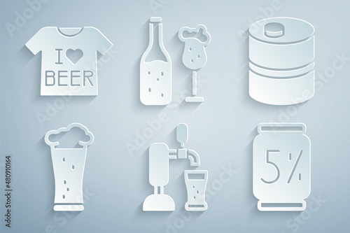 Set Beer tap with glass  Metal beer keg  Glass of  can  bottle and and T-shirt icon. Vector