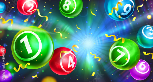 Realistic lotto balls with lucky winning combination numbers. Colourful round spheres falling with gold confetti. Bingo or lottery gambling games. Gaming leisure activity, jackpot or raffle concept.