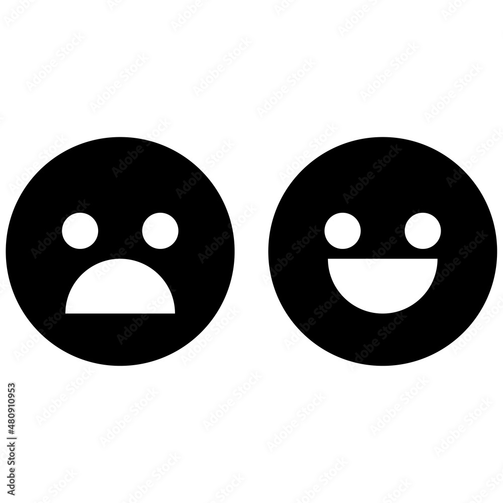 Happy and scared face icon. Black silhouette. Emotion concept. Cartoon character. Vector illustration. Stock image. Happy and scared face icon. Black silhouette. Emotion concept. Cartoon character. Vector illustration. Stock image.