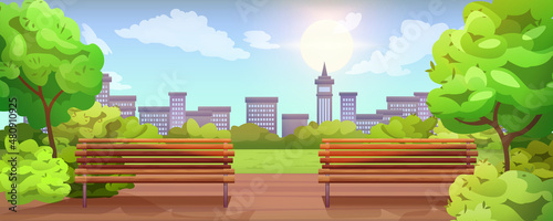 Cartoon empty city park with wooden bench, street lamp, green grass and trees. Urban public garden place with walk path for walking. Summer landscape with lanterns, walkway, town buildings on skyline.