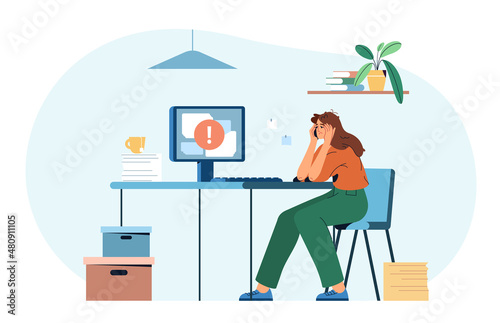 Flat tired exhausted woman office worker at computer desk on workplace. Woman with low energy levels. Professional burnout syndrome. Concept of stress, tiredness, overworked or mental health problems.