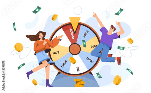 Flat lucky people near fortune wheel win money. Happy millionaires hit jackpot at casino. Cash prize in gambling game of chance. Characters winners with spinning roulette or rotating circle. photo