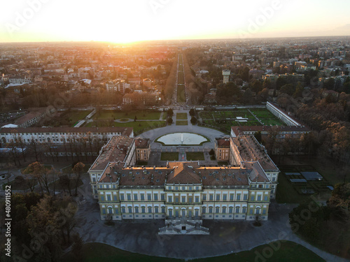 Aerial view of facade of the elegant Villa Reale in Monza, Lombardy, north Italy. Birds eye of the beautiful Royal Palace of Monza. Drone photography in Lombardia. photo
