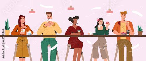 Flat happy people eating cakes, donuts and ice cream at cafe. Men and women tasting delicious desserts and drinking coffee. Sweet tooths enjoying sugar food and tasty unhealthy meal at cafeteria.