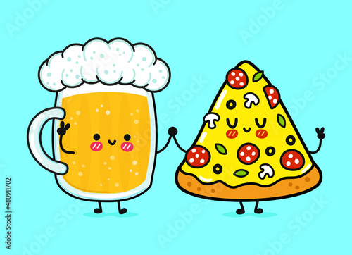 Cute, funny happy glass of beer and pizza. Vector hand drawn cartoon kawaii characters, illustration icon. Funny cartoon glass of beer and pizza mascot character concept
