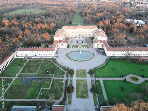 Aerial view of facade of the elegant Villa Reale in Monza, Lombardy, north Italy. Birds eye of the beautiful Royal Palace of Monza. Drone photography in Lombardia. photo