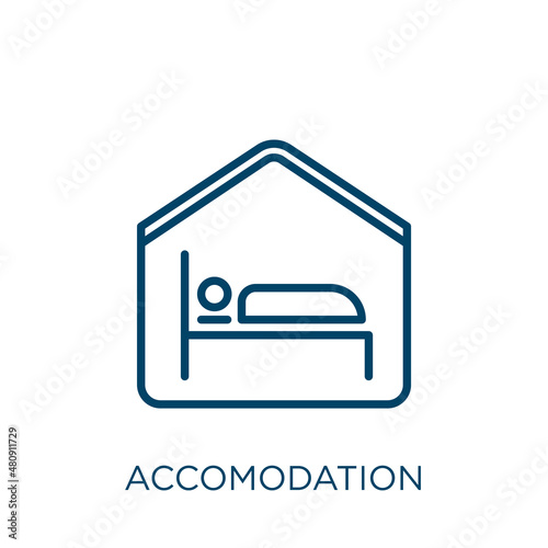 accomodation icon. Thin linear accomodation, accommodation, bed outline icon isolated on white background. Line vector accomodation sign, symbol for web and mobile