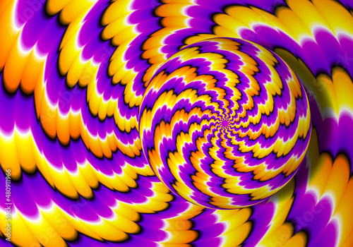 Yellow and purple rotating sphere. Spin illusion.