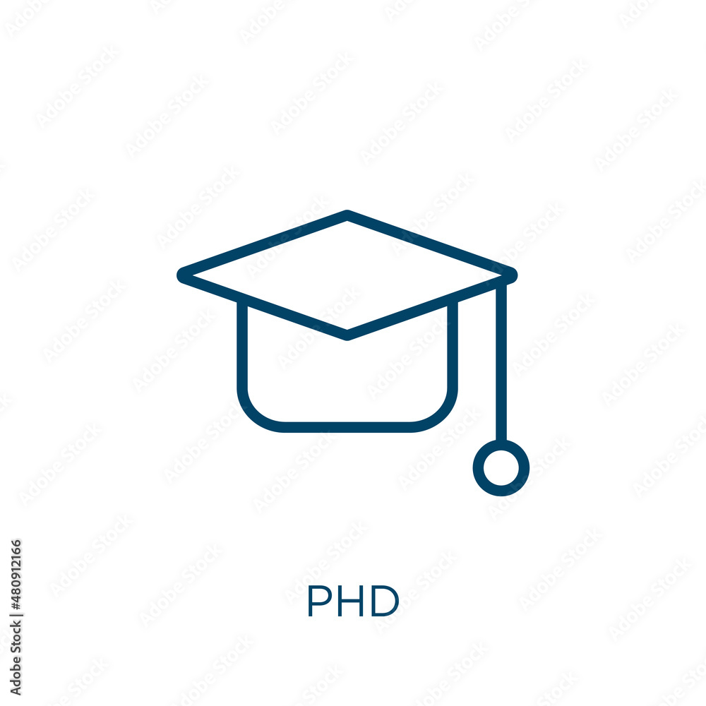 phd icon. Thin linear phd, college, graduation outline icon isolated on white background. Line vector phd sign, symbol for web and mobile - obrazy, fototapety, plakaty 