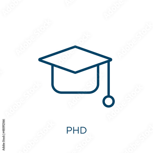 phd icon. Thin linear phd, college, graduation outline icon isolated on white background. Line vector phd sign, symbol for web and mobile