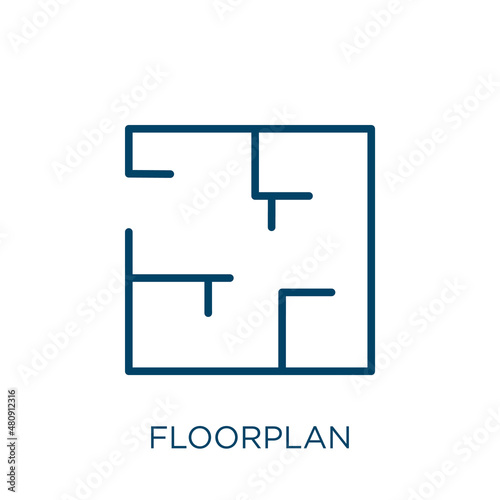 floorplan icon. Thin linear floorplan, furniture, plan outline icon isolated on white background. Line vector floorplan sign, symbol for web and mobile
