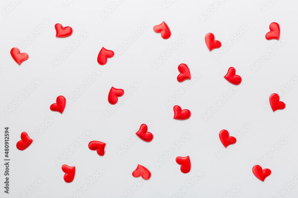 Valentine day background with red hearts, top view with copy space