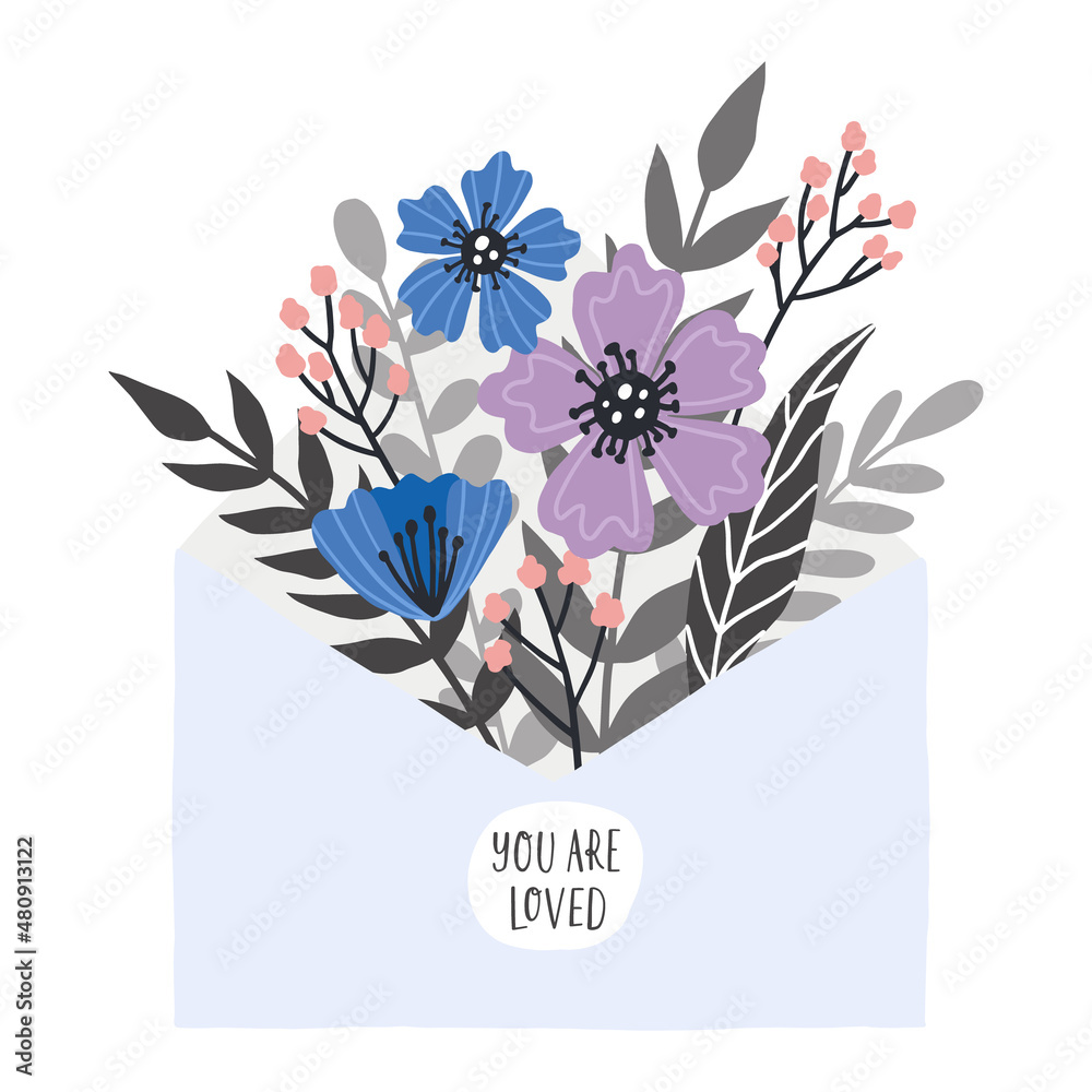 Letter with flowers. Hand drawn vector illustration. Card or wedding ...