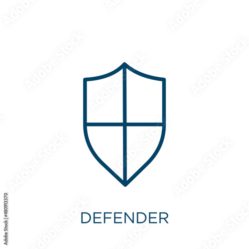 defender icon. Thin linear defender, protection, emblem outline icon isolated on white background. Line vector defender sign, symbol for web and mobile