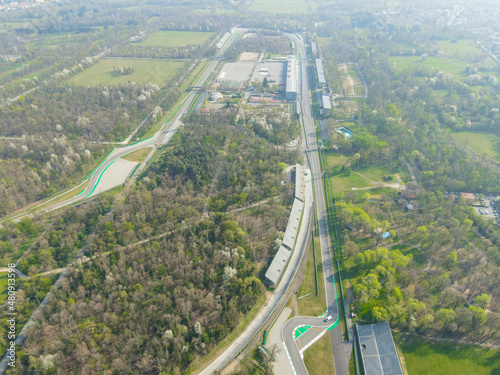 Aerial view of Autodromo Nazionale Monza, a race track near the city of Monza in Italy, north of Milan. Venue of the Formula 1 Grand Prix. From the air, drone photography. photo