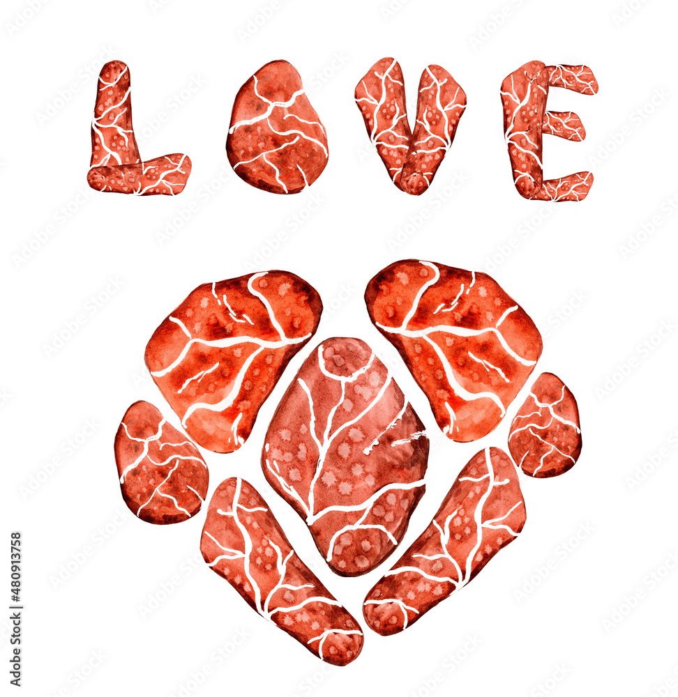 Watercolor heart made of natural red-brown stones. Abstract love illustration. Valentines. Heart as symbol of love. Watercolor heart made of natural red-brown stones. Abstract love illustration. Valentines. Heart as symbol of love.