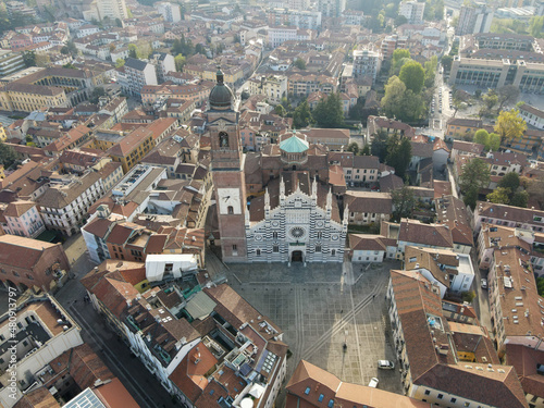 Aerial view of facade of the ancient Duomo in Monza (Monza Cathedral). Drone photography of the main square with church in Monza in north Italy, Brianza, Lombardia.