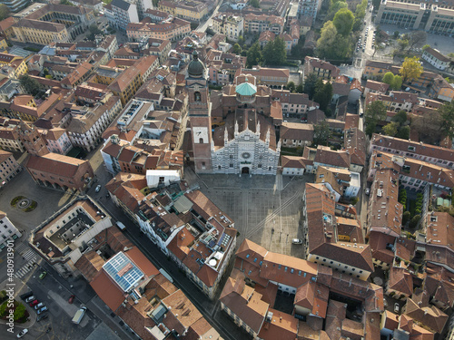Aerial view of facade of the ancient Duomo in Monza (Monza Cathedral). Drone photography of the main square with church in Monza in north Italy, Brianza, Lombardia. © AerialDronePics