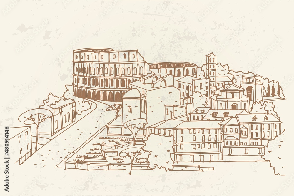 Fototapeta premium Vector sketch of The Coliseum or Flavian Amphitheatre, Rome, Italy.
