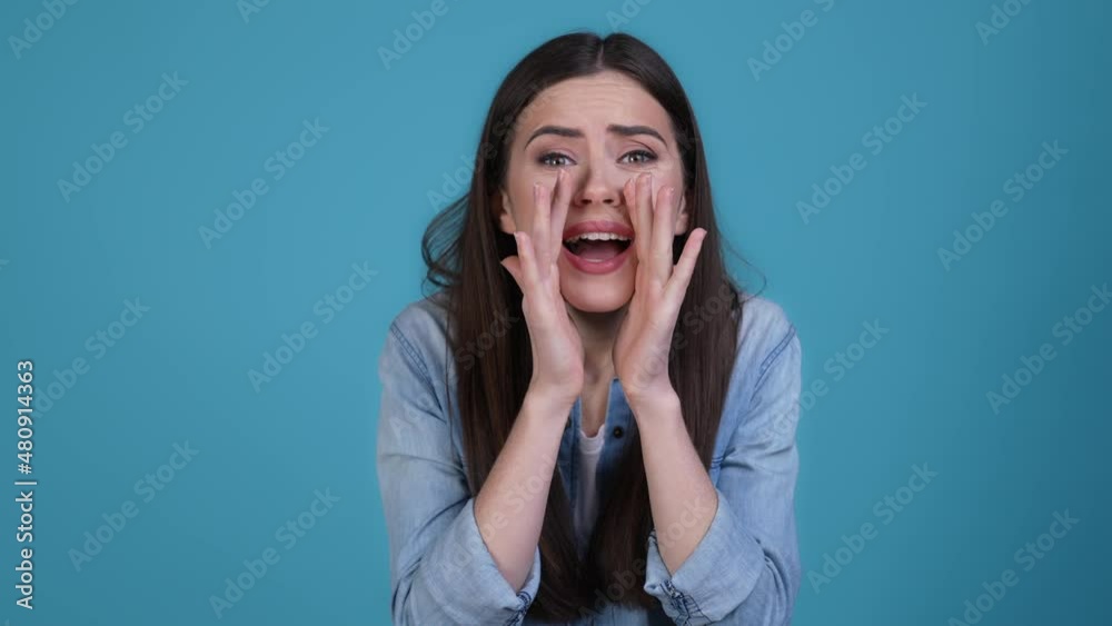 Lady shout share news friend not hear isolated blue color background Lady shout share news friend not hear isolated blue color background