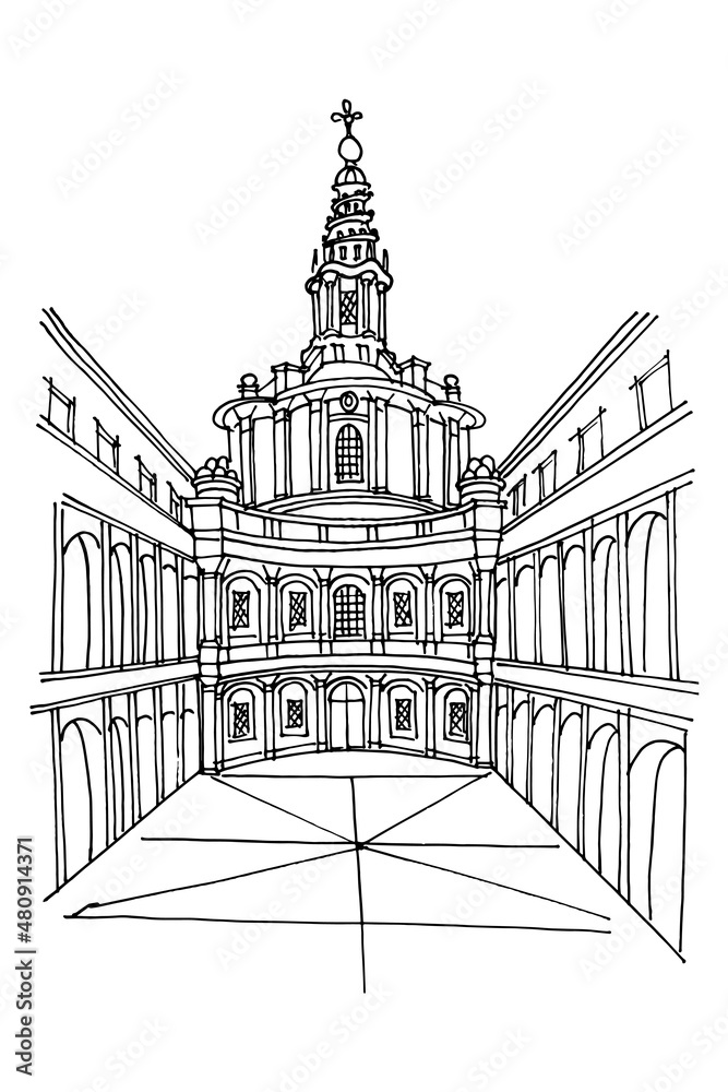 vector sketch of Saint Yves at La Sapienza (Chiesa di Sant'Ivo alla Sapienza). Rome. Italy.