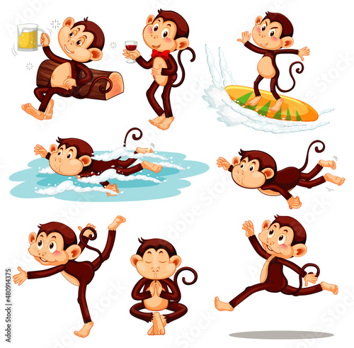 Set of funny monkeys doing different activities