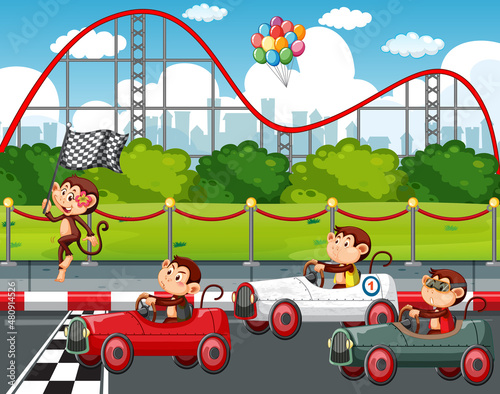 Race track scene with monkey racing drivers