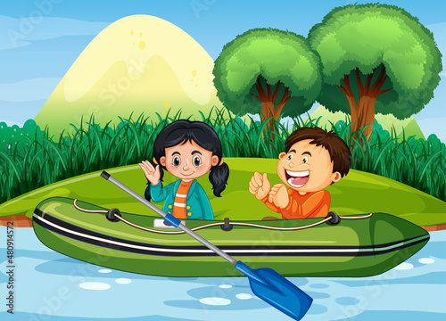 Nature scenery with children in inflatable boat