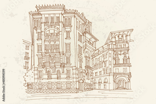 vector sketch of Coppede Quarter, Rome, Italy