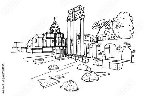 vector sketch of Ancient ruins of a Roman Forum or Foro Romano, Rome, Italy.