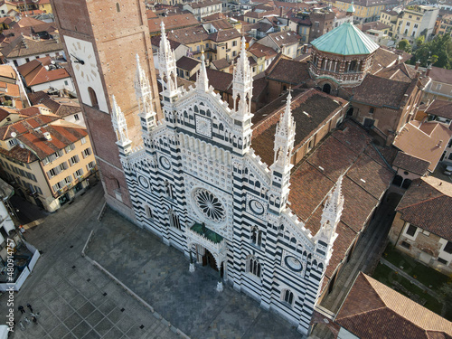 Aerial view of facade of the ancient Duomo in Monza (Monza Cathedral). Drone photography of the main square with church in Monza in north Italy, Brianza, Lombardia. photo