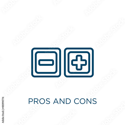 pros and cons icon. Thin linear pros and cons, business, infographic outline icon isolated on white background. Line vector pros and cons sign, symbol for web and mobile