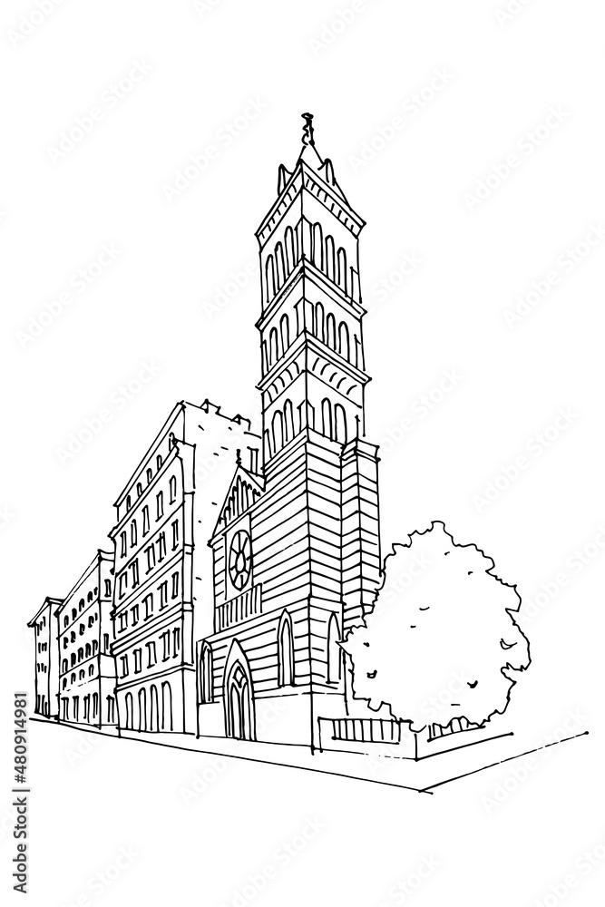 Vector sketch of St Paul's Within the Walls church (American Church) on Via Nazionale in Rome, Italy.