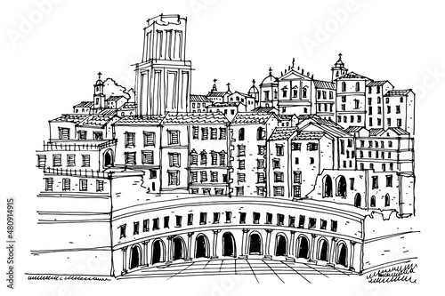 vector sketch of Trajan's Market (Mercati Traianei). Rome. Italy.