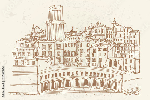 vector sketch of Trajan's Market (Mercati Traianei). Rome. Italy.