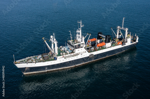 The large fishing sea trawler at sea.