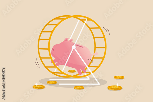 Financial habit or routine, shopping and cost causing money problem, debt and loan payment or savings behavior concept, tried piggy bank running in rat race or hamster wheel.