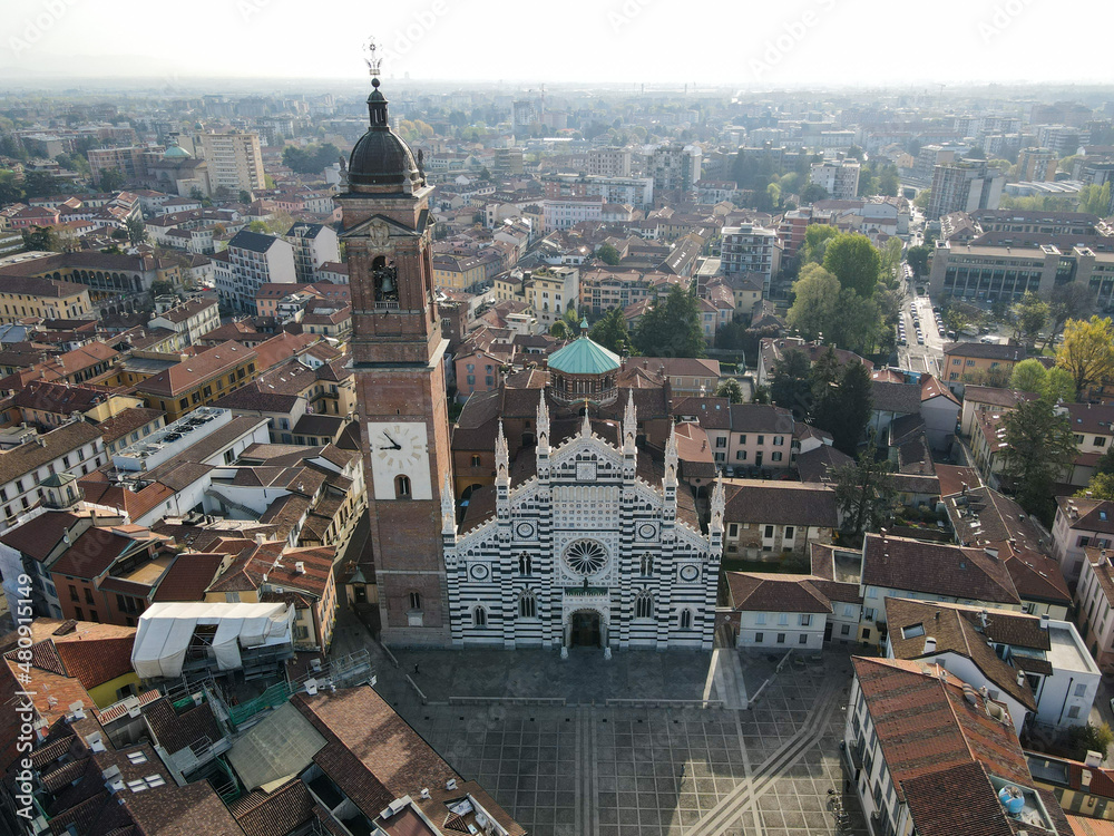 Aerial view of facade of the ancient Duomo in Monza (Monza Cathedral). Drone photography of the main square with church in Monza in north Italy, Brianza, Lombardia.