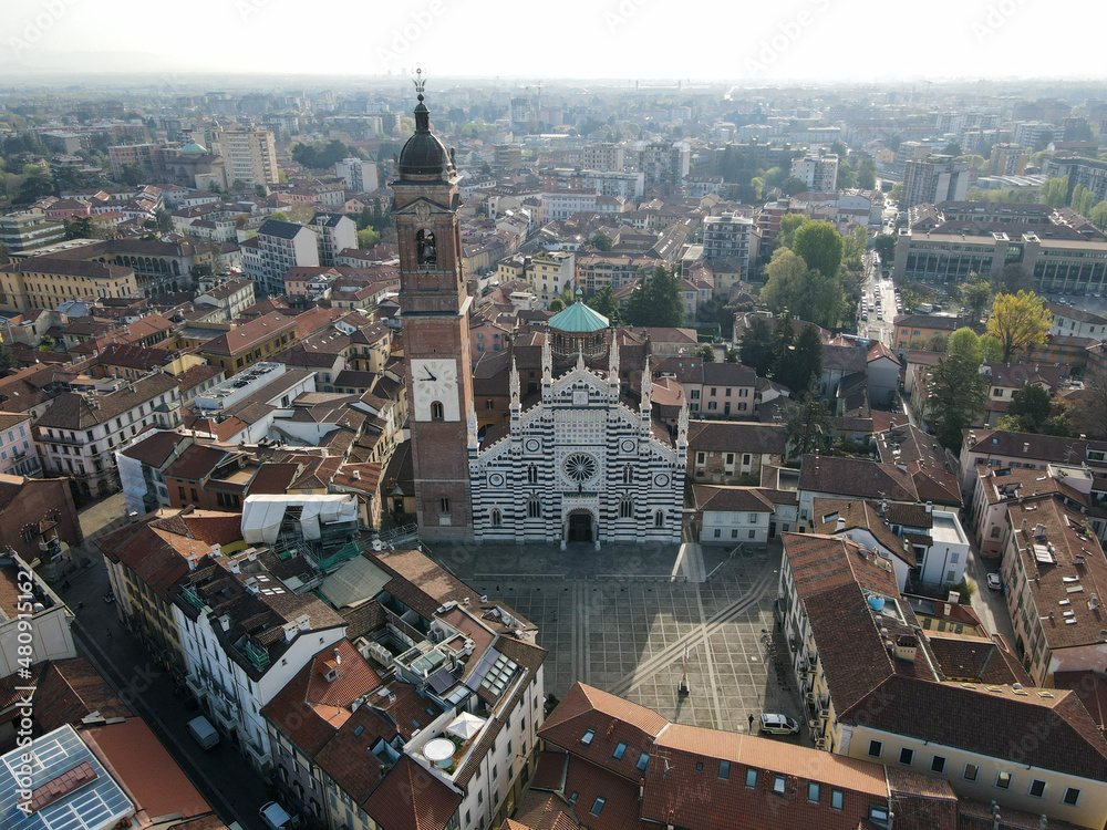 Aerial view of facade of the ancient Duomo in Monza (Monza Cathedral). Drone photography of the main square with church in Monza in north Italy, Brianza, Lombardia.